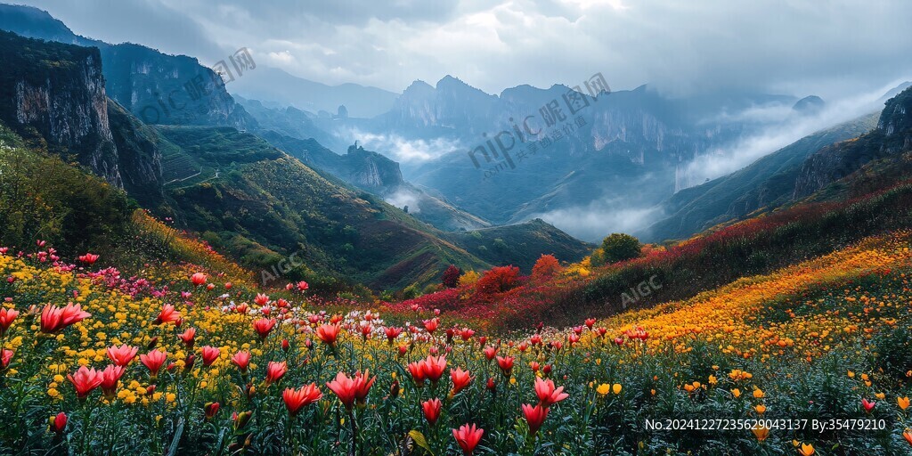花海远山云雾