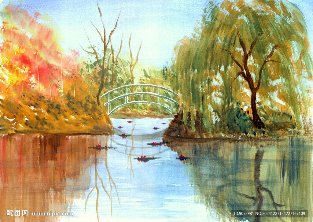 湖边景色水彩画
