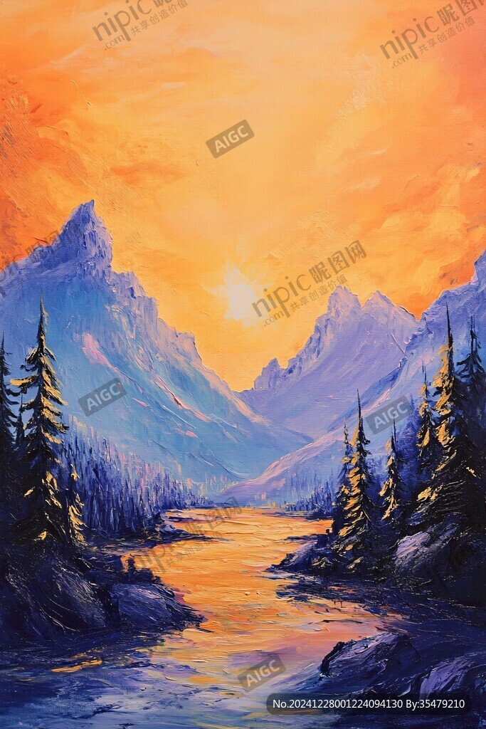 雪山河流油画