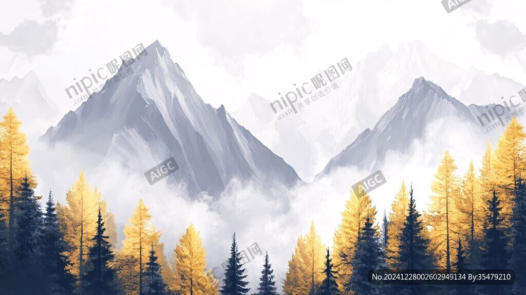 森林黄叶深秋白雪山峰