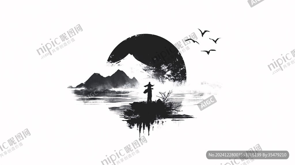 水墨渔夫垂钓水乡