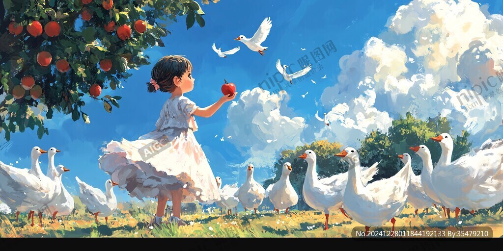 小女孩摘苹果插画