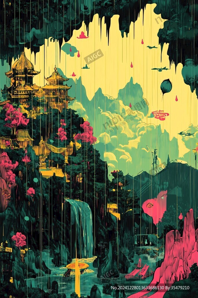 鸿山织雨景点插画