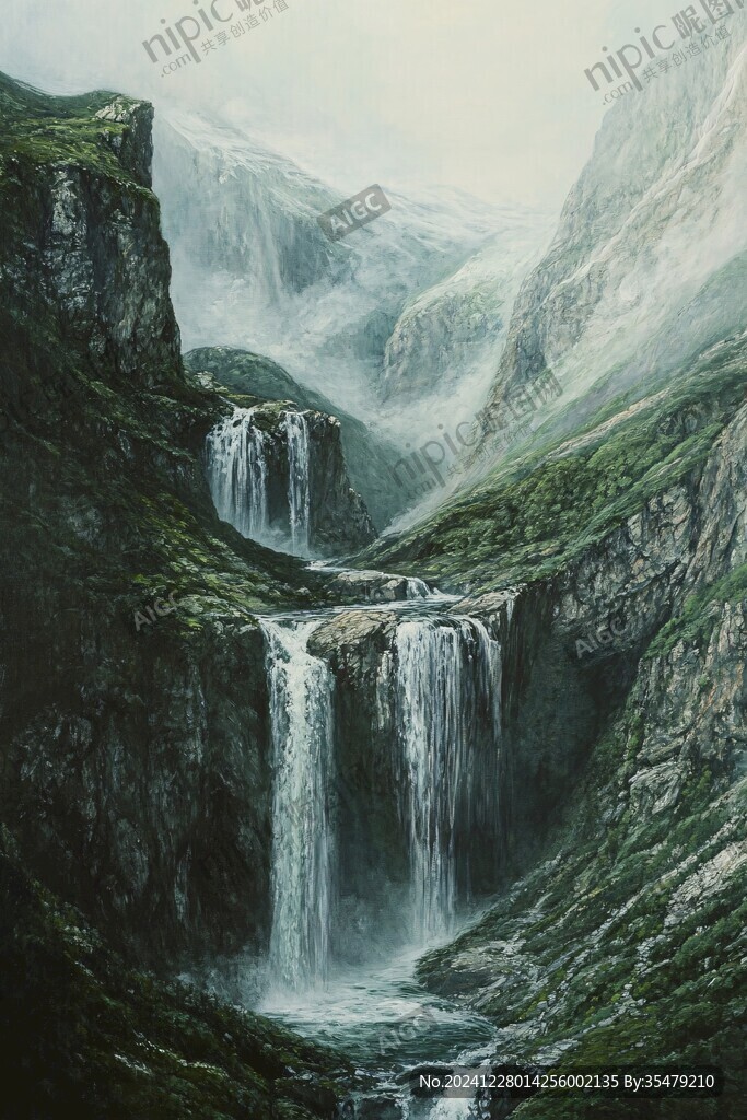 山水风景油画瀑布