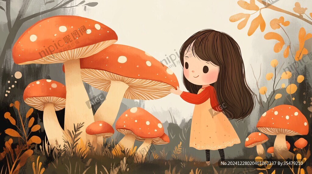 采蘑菇的小姑娘插画