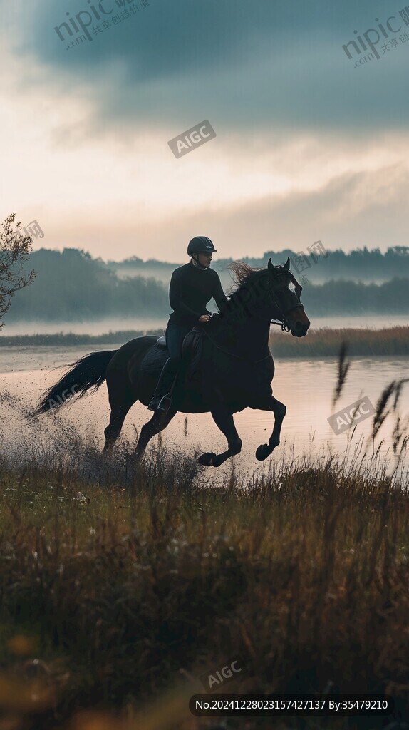 骑士骑马湖边散步