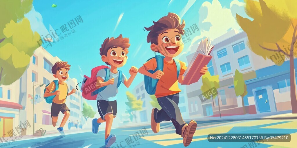 手绘奔跑上学的少年