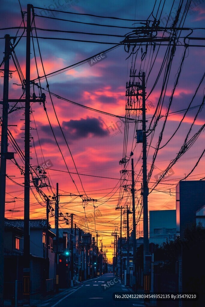 透视电线杆屋顶晚霞
