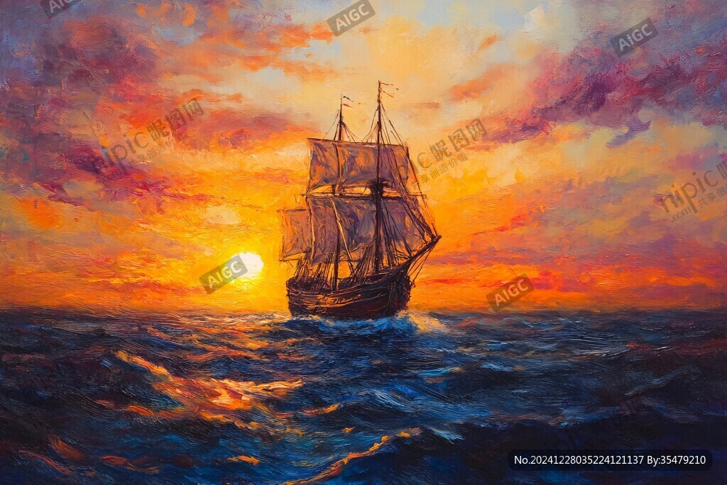 扬帆踏浪油画