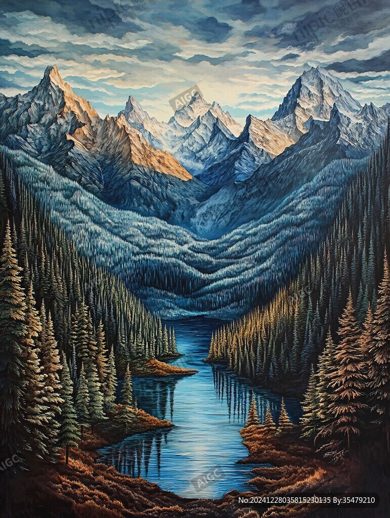 雪山河流油画