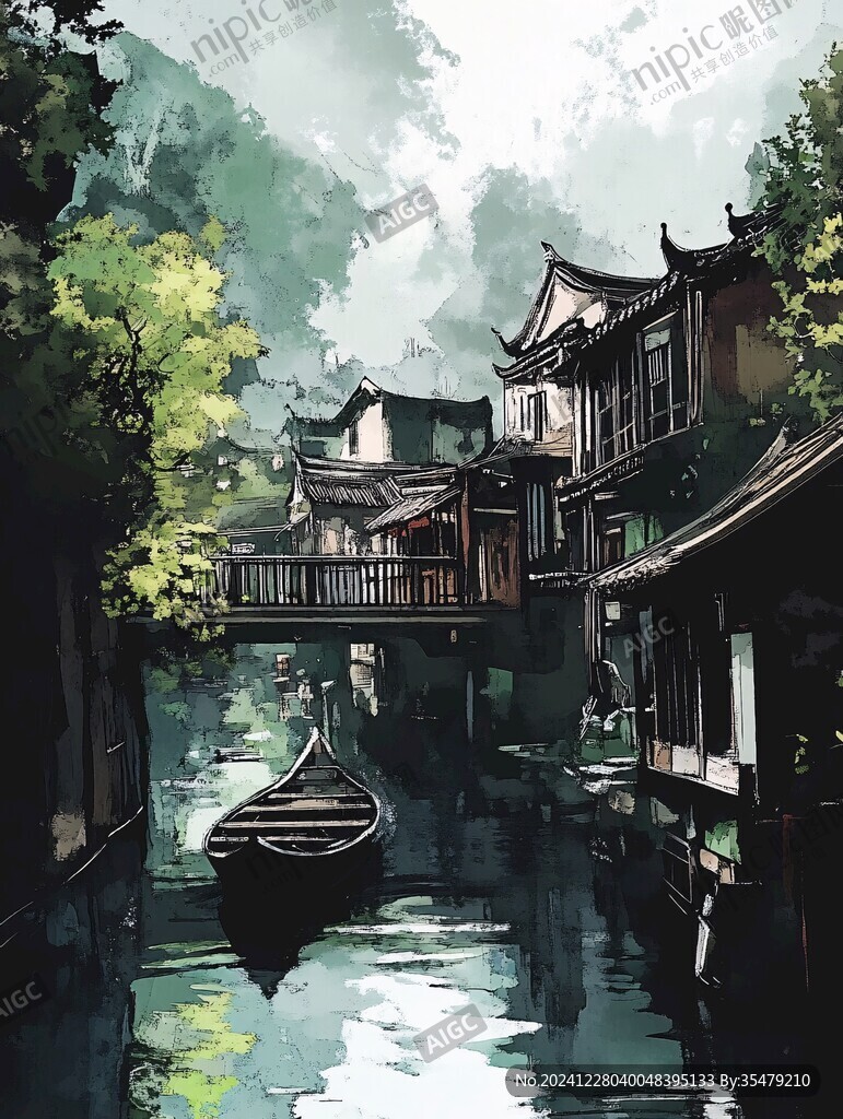 水乡古镇插画