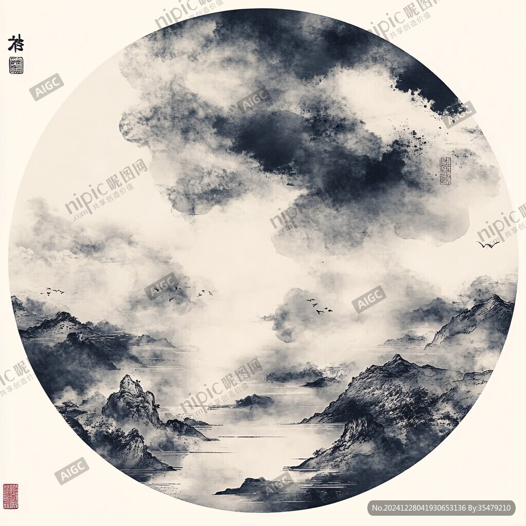 圆形水墨挂画手绘山水