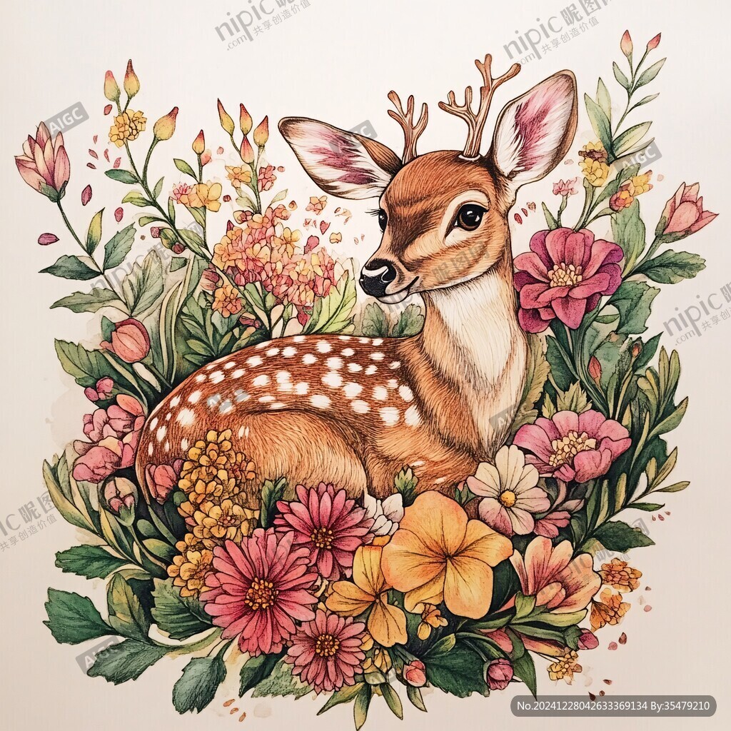 鹿与花插画
