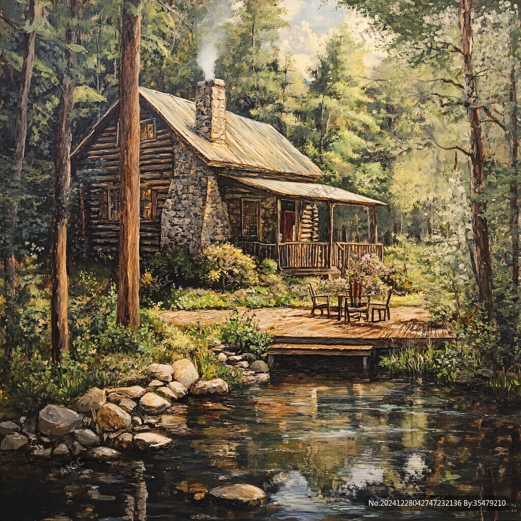 林中小屋油画