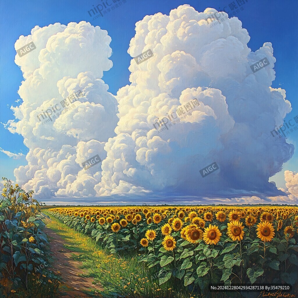 蓝天白云鲜花油画