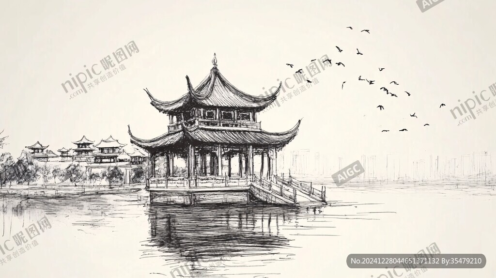 楼阁亭台画线描背景
