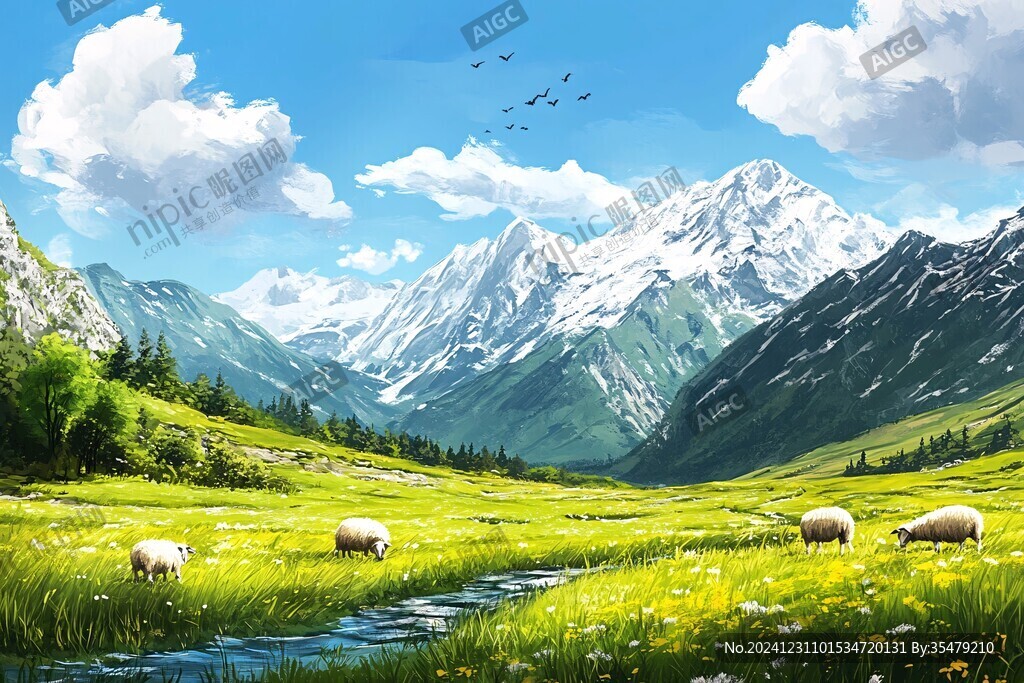 手绘草原草雪山