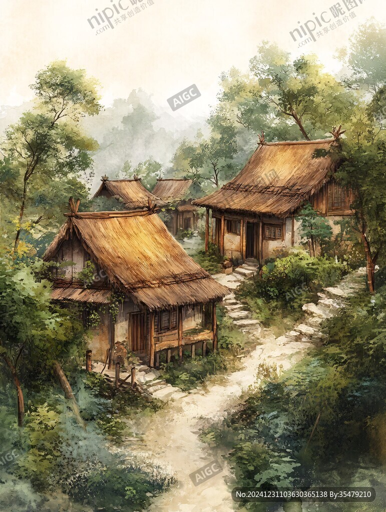 水彩古风阁楼插画