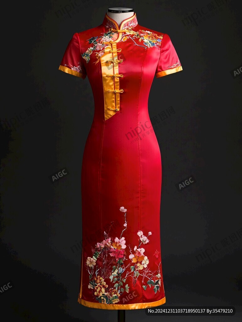 菊花纹织锦缎夹旗袍