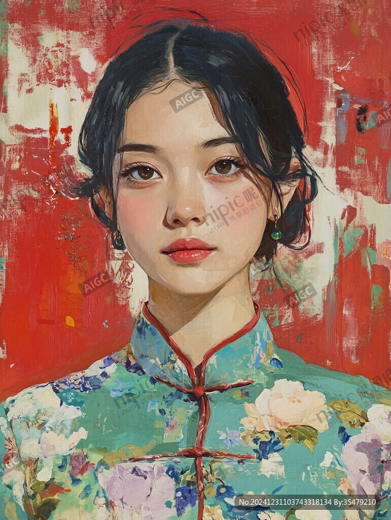 油画旗袍女