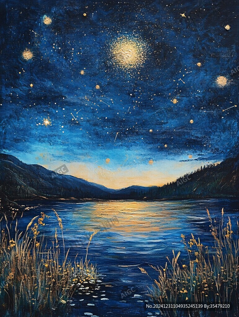 插画夜景湖泊