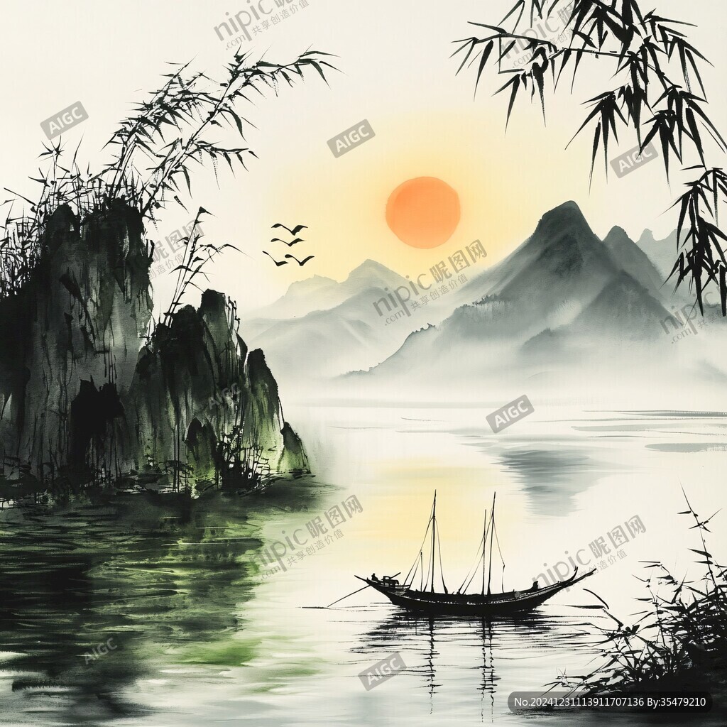 中式竹叶山水装饰画