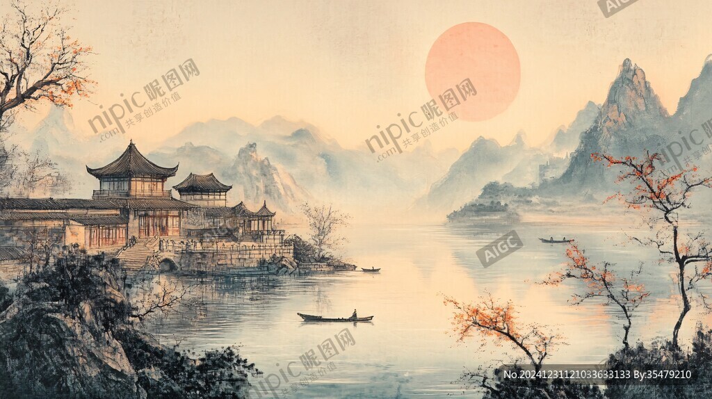旭日东升楼阁山水画