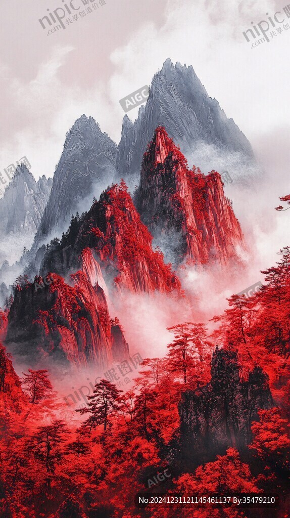 质感红色山水背景墙