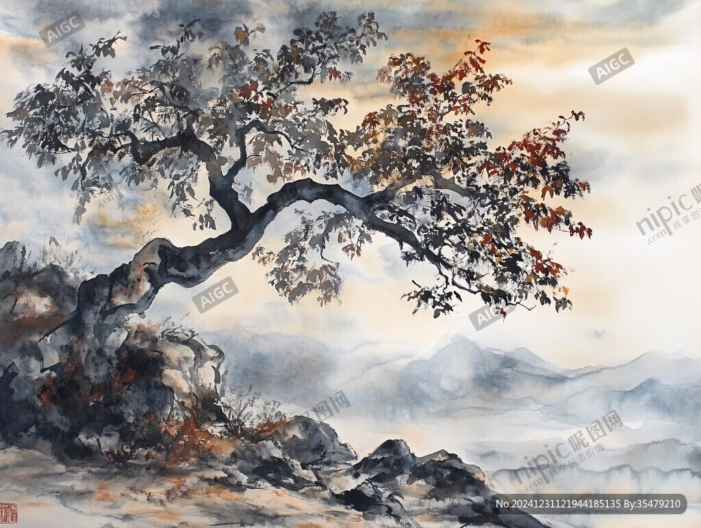 白云红树图