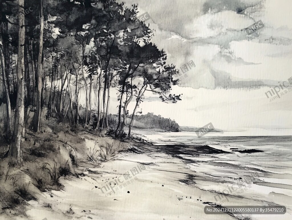 海天一色水彩画