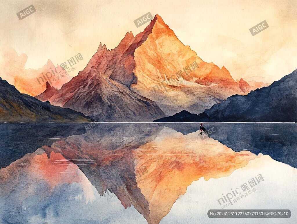 倒影山纹理水画
