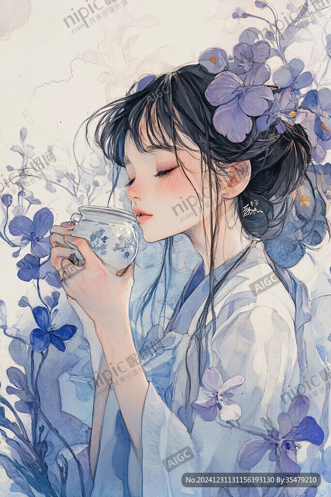茉莉花茶女孩插画