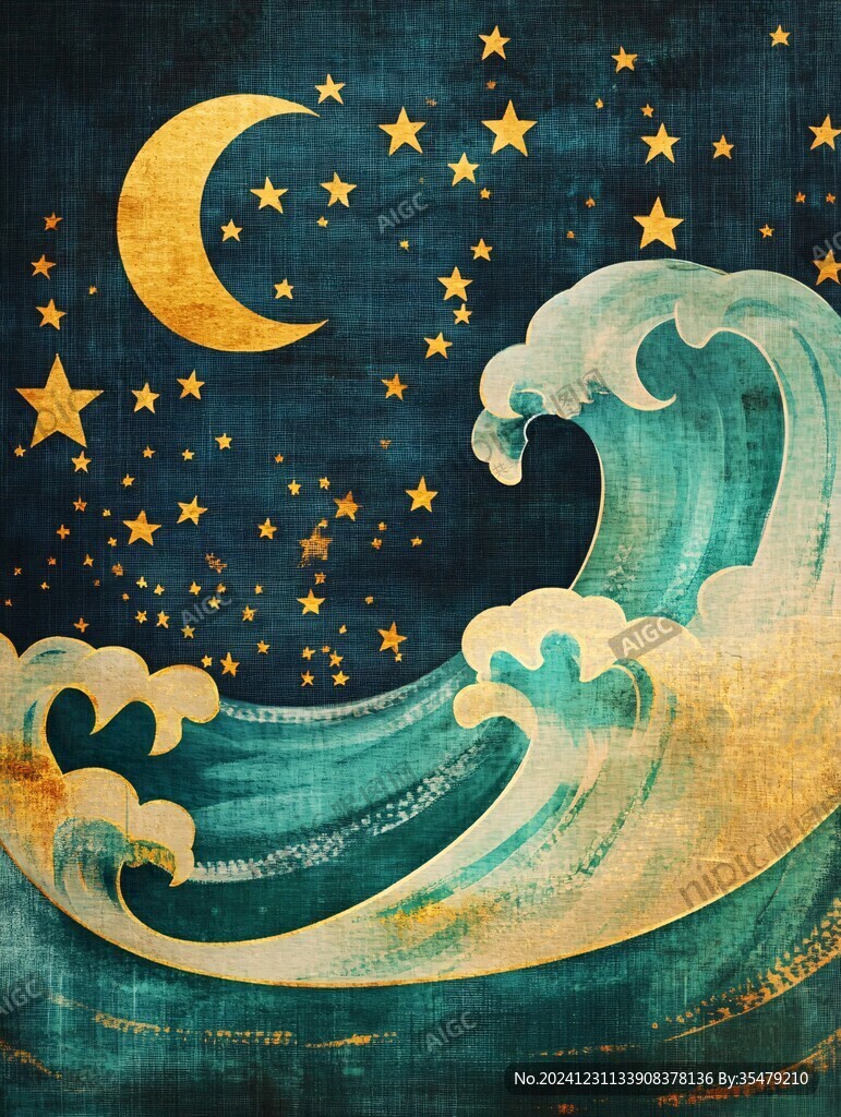 工笔手绘海浪装饰画