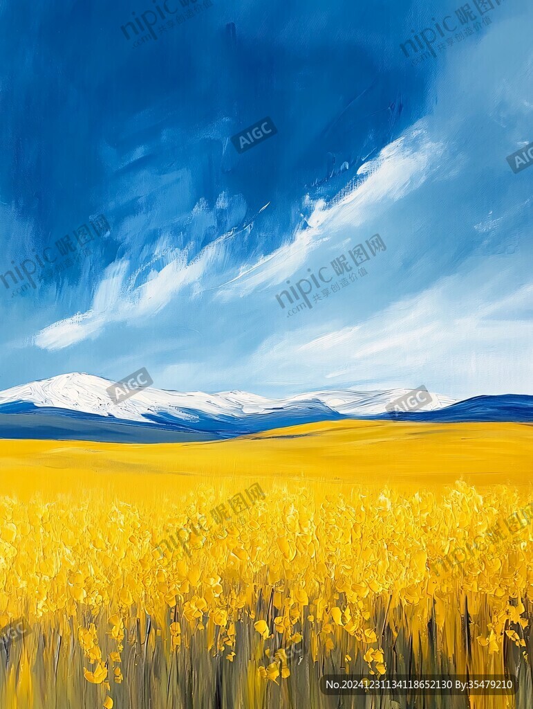 蓝天白云油菜花油画