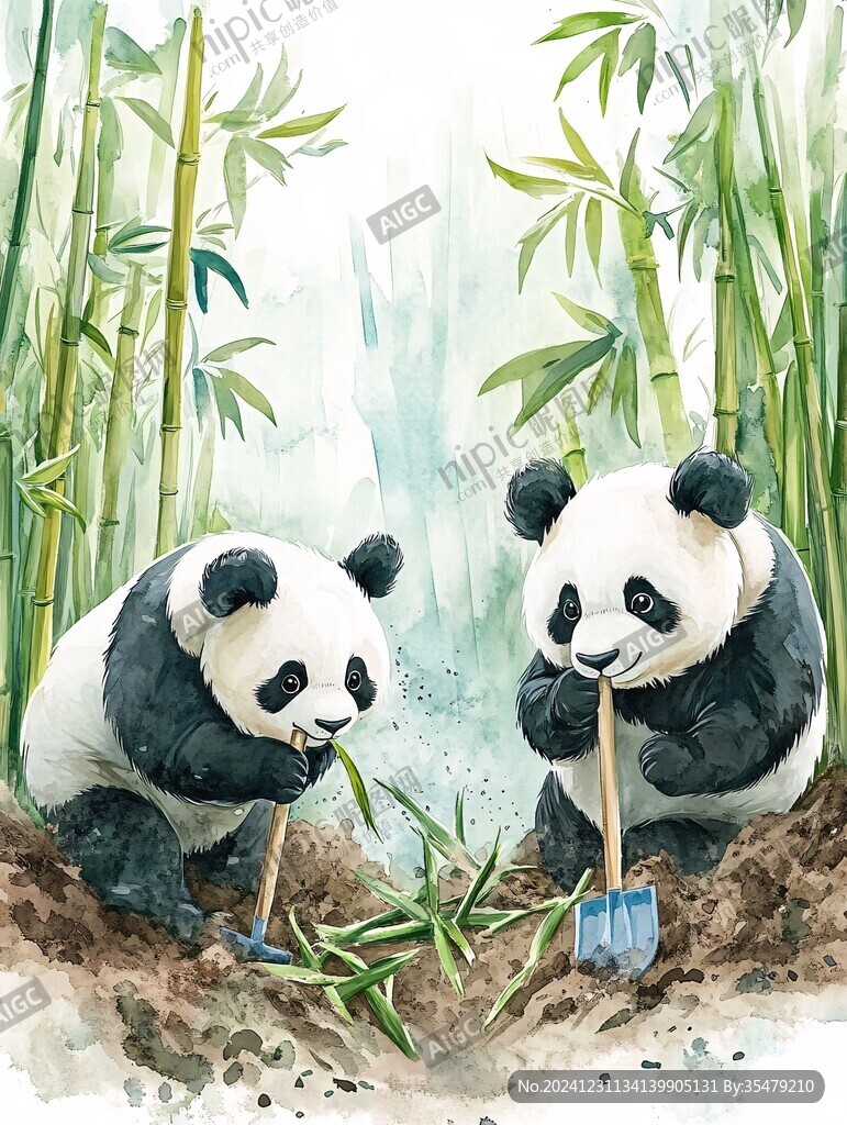 熊猫竹笋插画