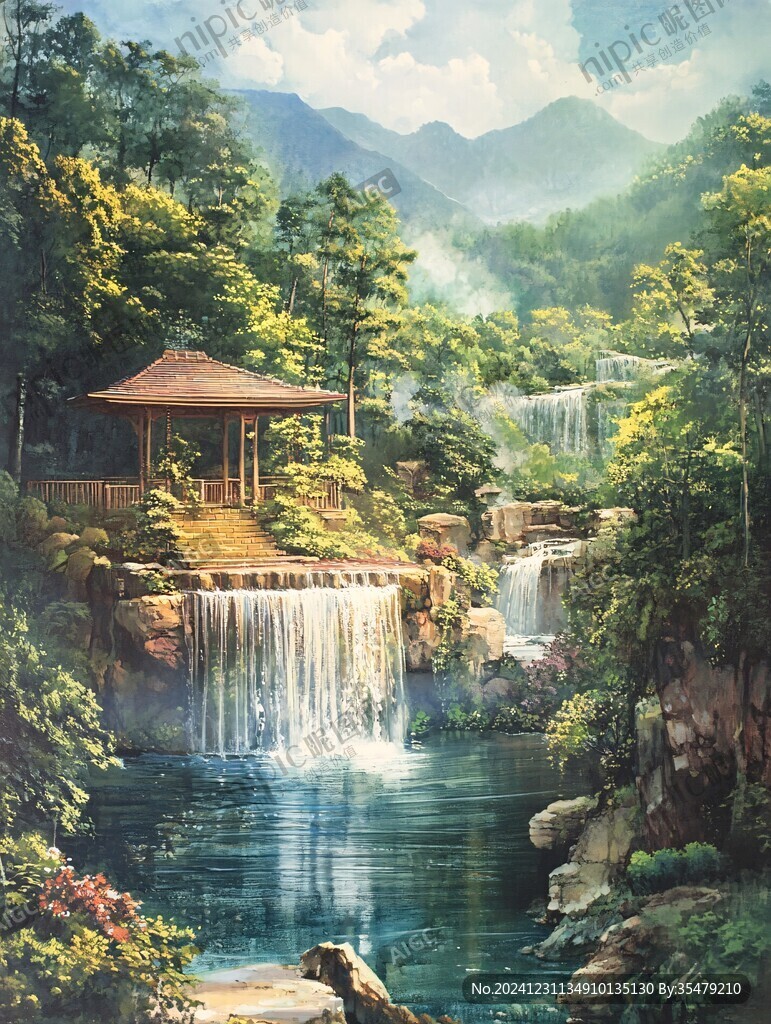 山水风景油画瀑布