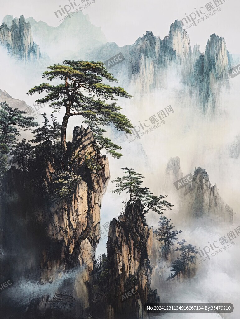 迎客松油画