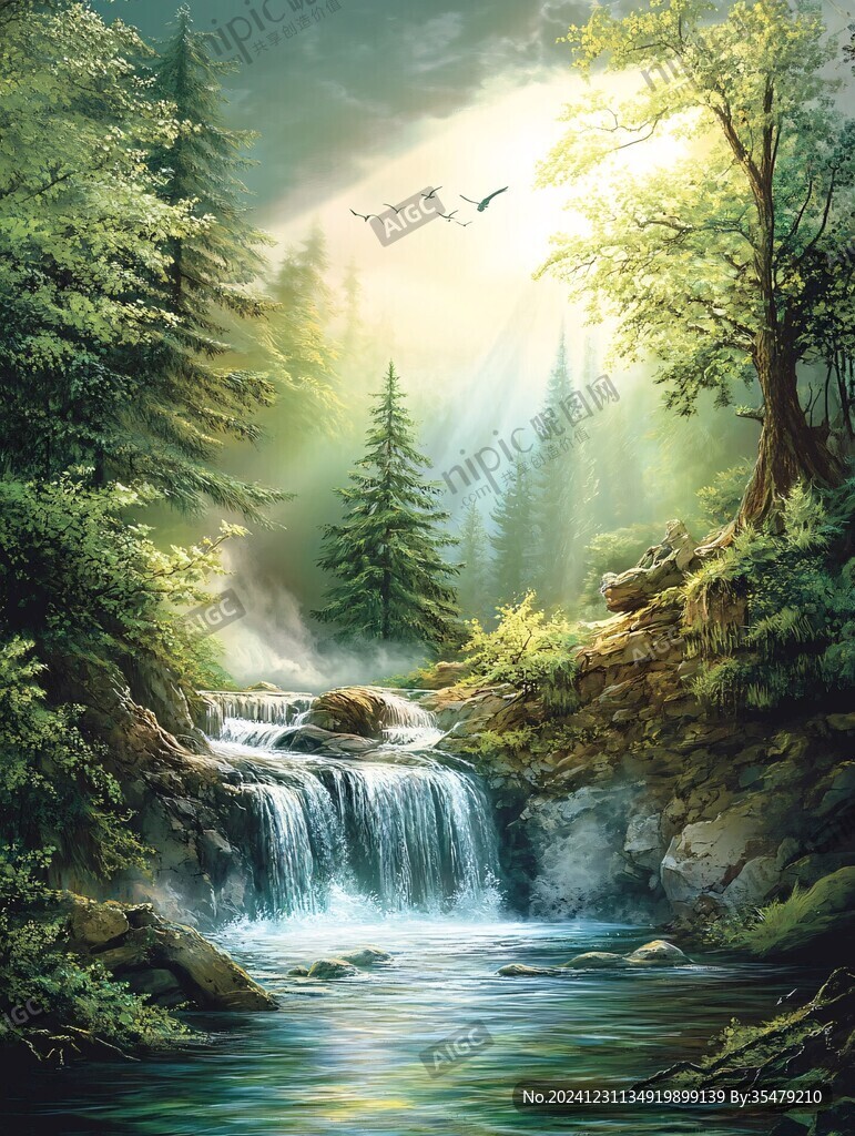 山水风景油画瀑布