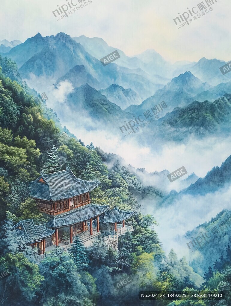 古风亭台楼阁油画