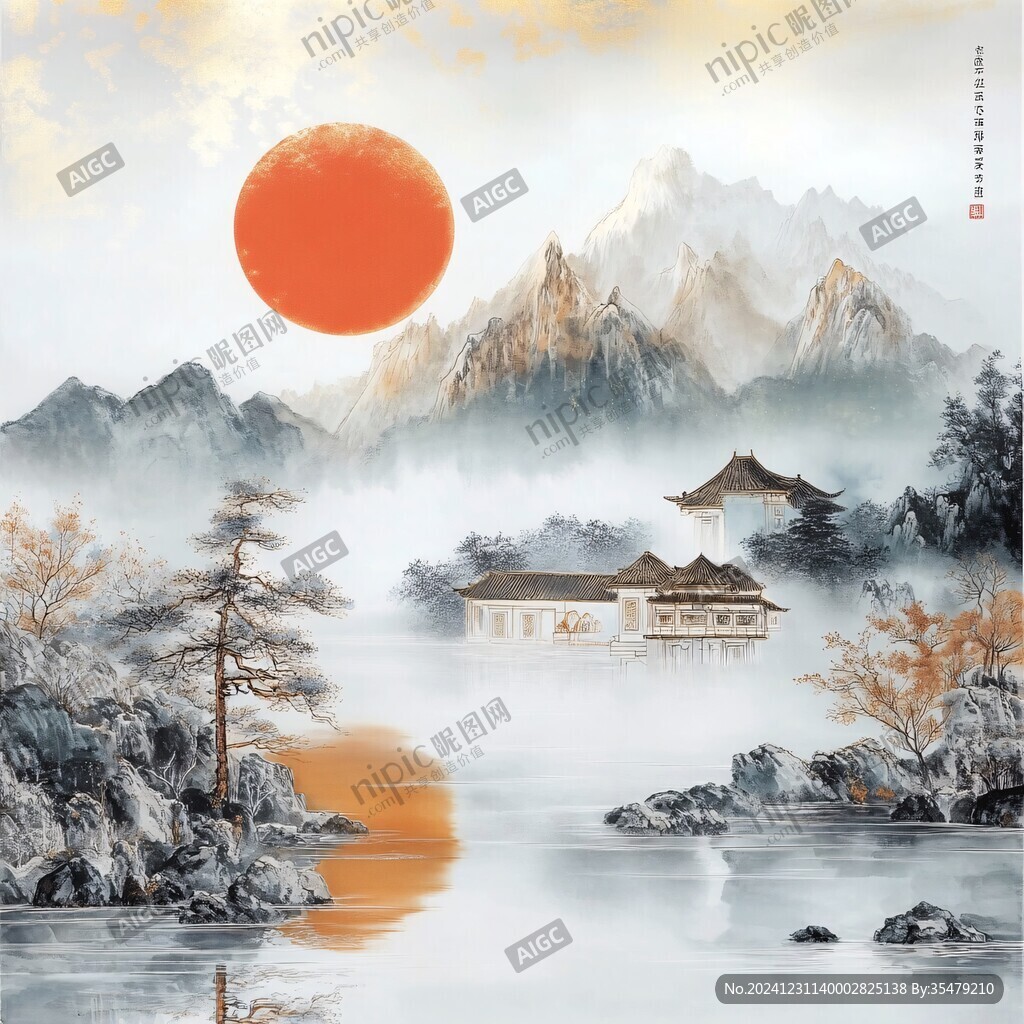 旭日东升楼阁山水画