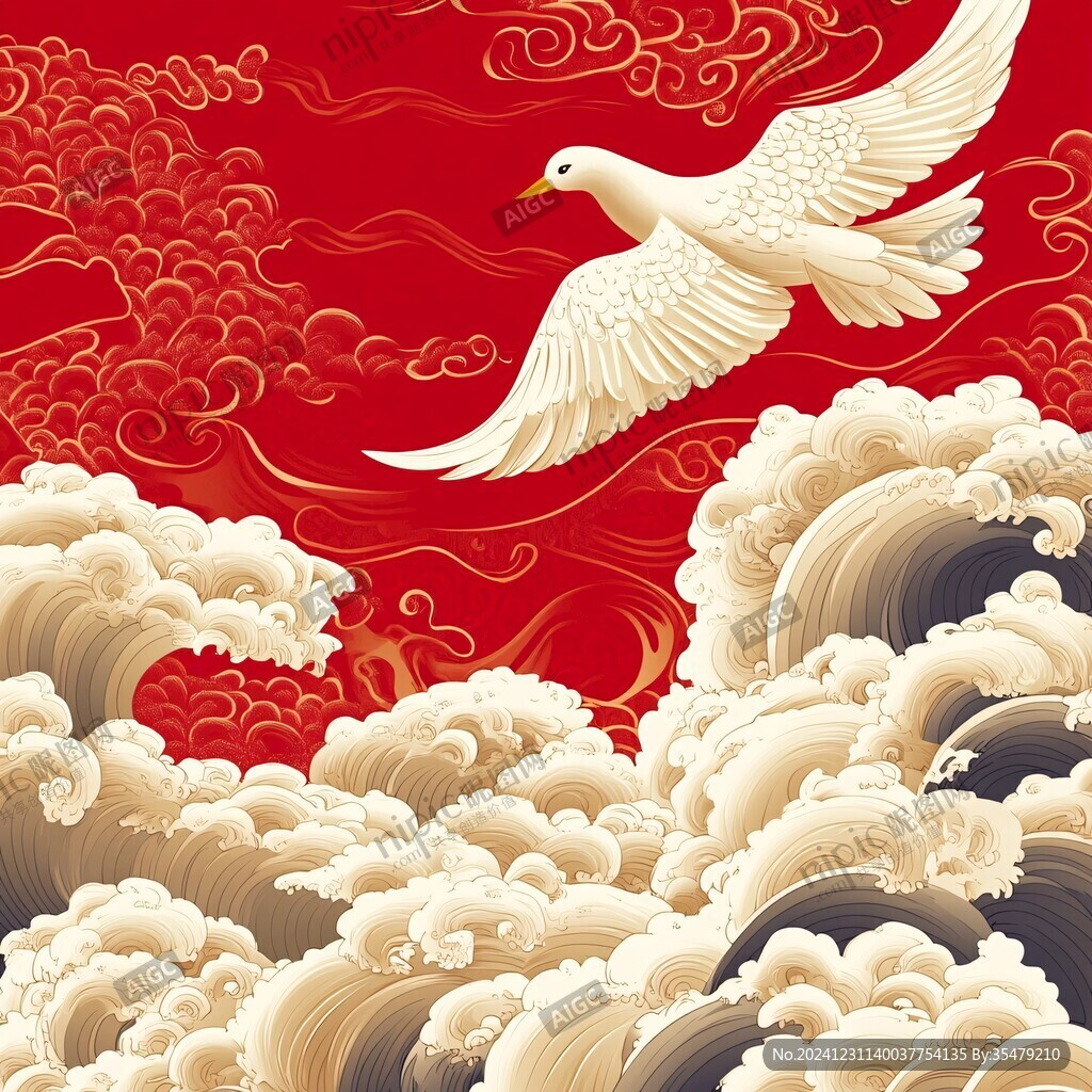 海浪仙鹤云纹中式背景