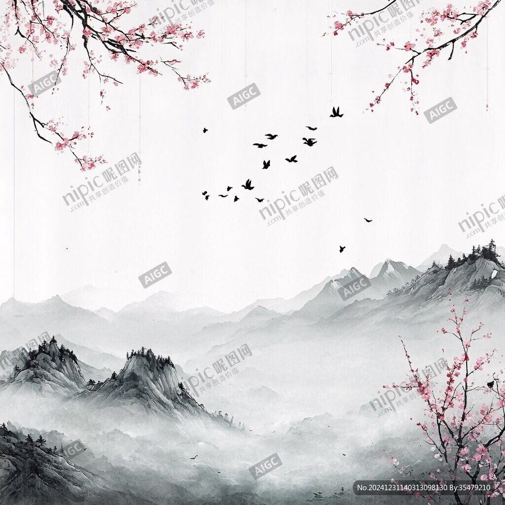 水墨桃花禅意山水