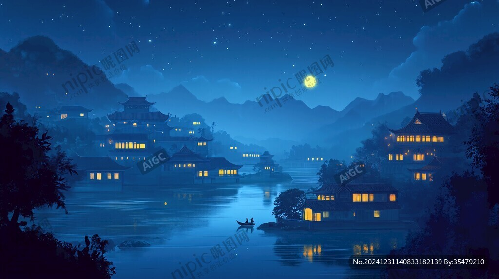 虎溪夜月景点插画