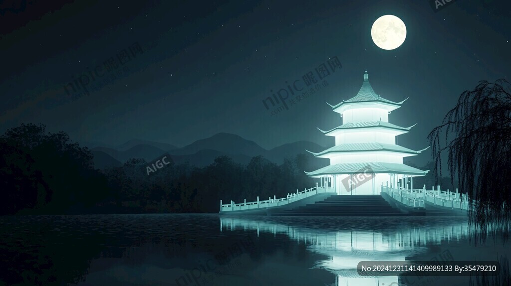 虎溪夜月景点插画