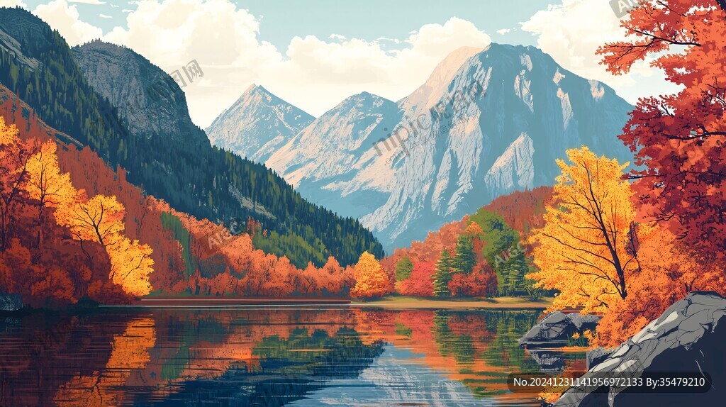 秋季山峦森林河流