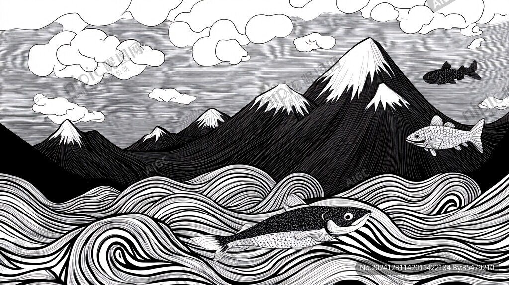 高端山水线包装插画