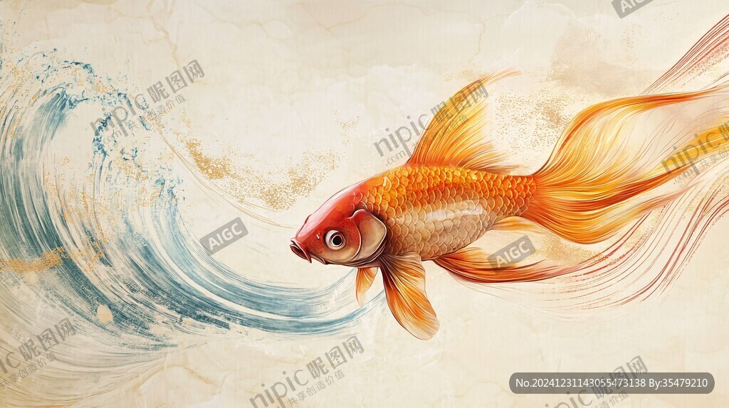手绘金鱼海浪