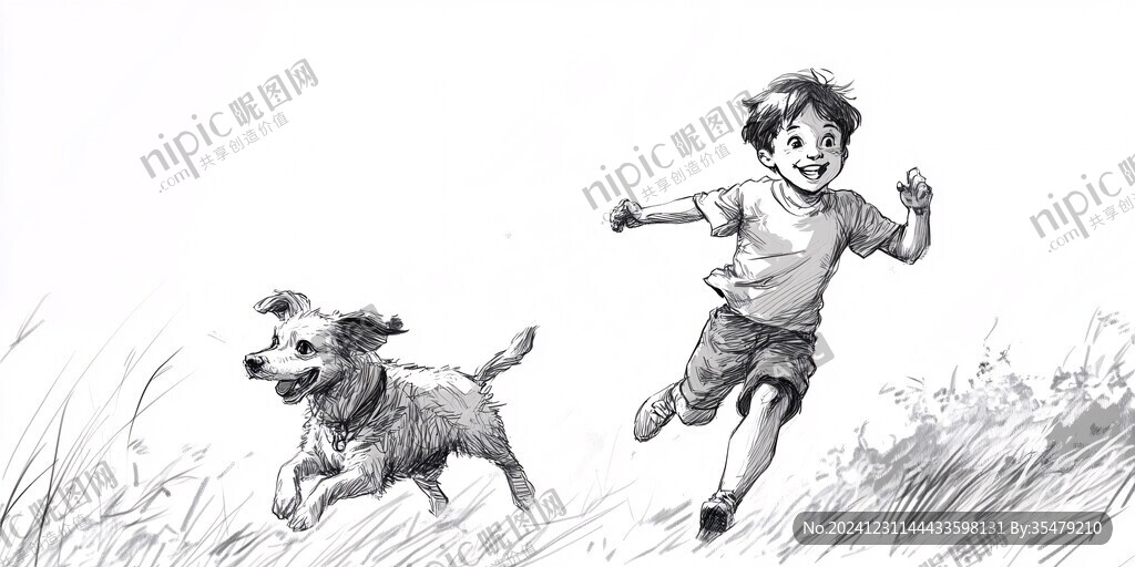 小孩牵狗插画