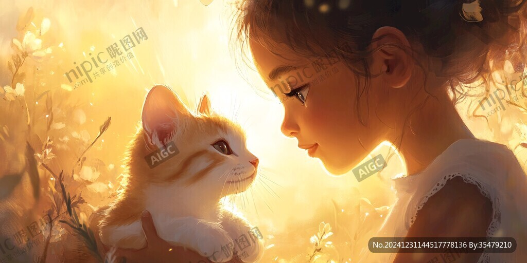 撸猫少女插画