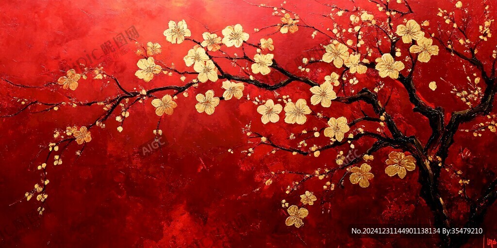工笔手绘红墙梅花